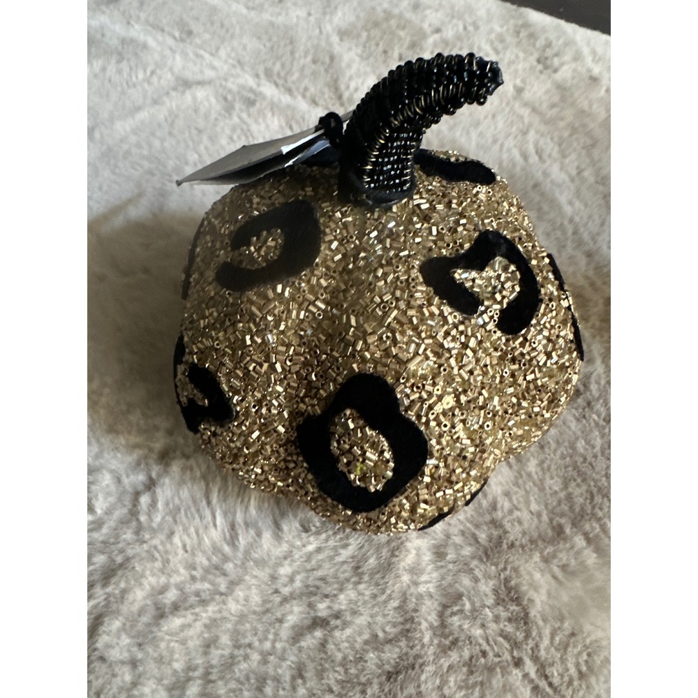 Rachel Zoe Beaded Leopard Print Decorative Pumpkin Gold Black Velvet Glam Decor